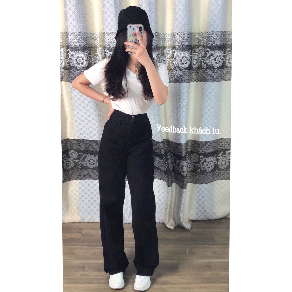 Quần Jean Nữ  MunMunStore Simple Jeans Lưng Cao Dáng Suông Ống Rộng Ulzzang ( Màu đen trắng )