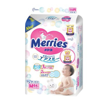 {HÀNG NHẬT NỘI ĐỊA} Tã/bỉm dán Merries size M 64 miếng TẶNG KÈM 4 MIẾNG