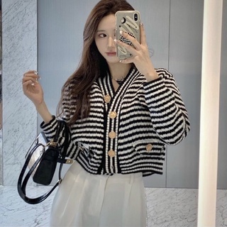 Áo cadigan len croptop hoạ tiết kẻ dáng ngắn khuy đồng tiểu thư cao cấp-sẵn