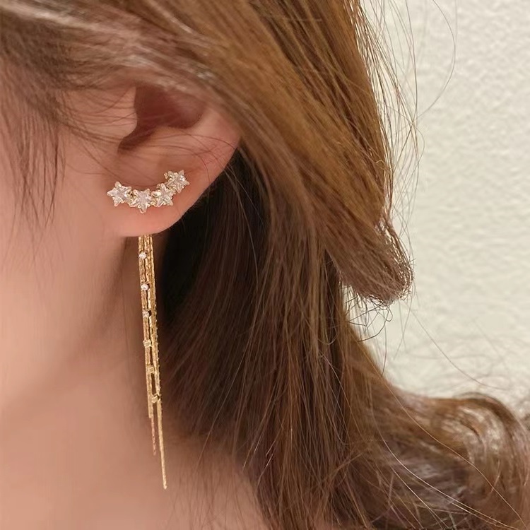 Bông Tai Mạ Bạc 925 Dáng Dài Hình Ngôi Sao Phối Tua Rua Sang Trọng Phong Cách Hàn Quốc