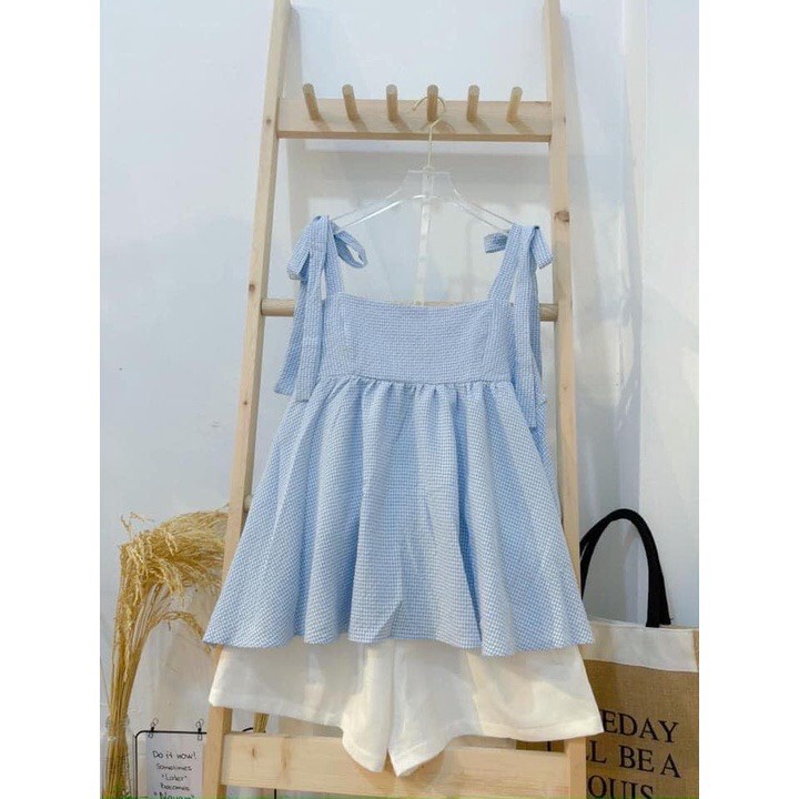 [Ảnh thật] Set áo 2 dây babydoll kẻ xanh thắt nơ vai kèm quần sooc trắng - Bộ áo 2 dây mix quần đùi trắng
