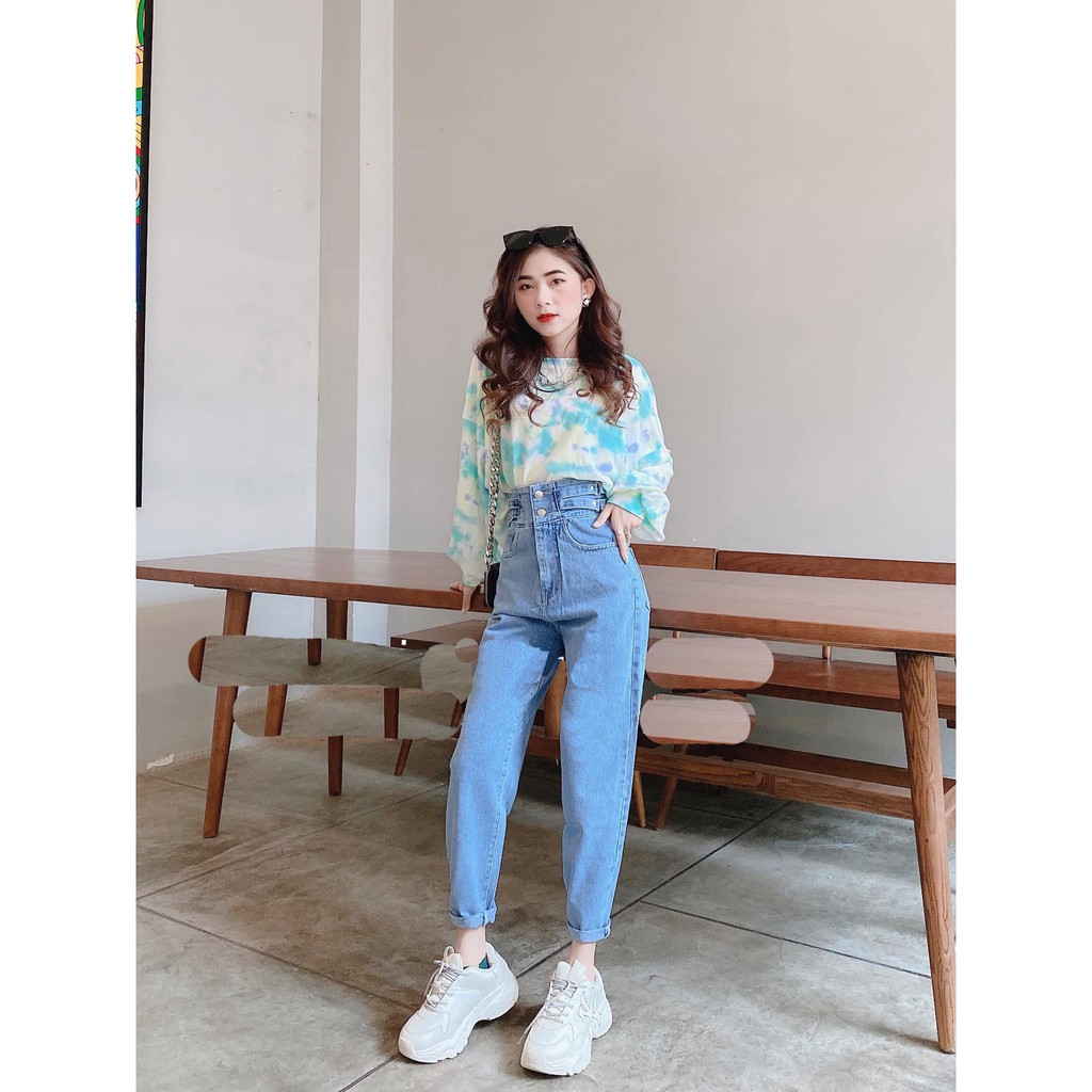 [ TM78 ] QUẦN BAGGY JEAN NỮ LƯNG CAO 2 NÚT 4 ĐAI MÀU XANH SIÊU HOT BABO LÊN FORM SIÊU CHUẨN