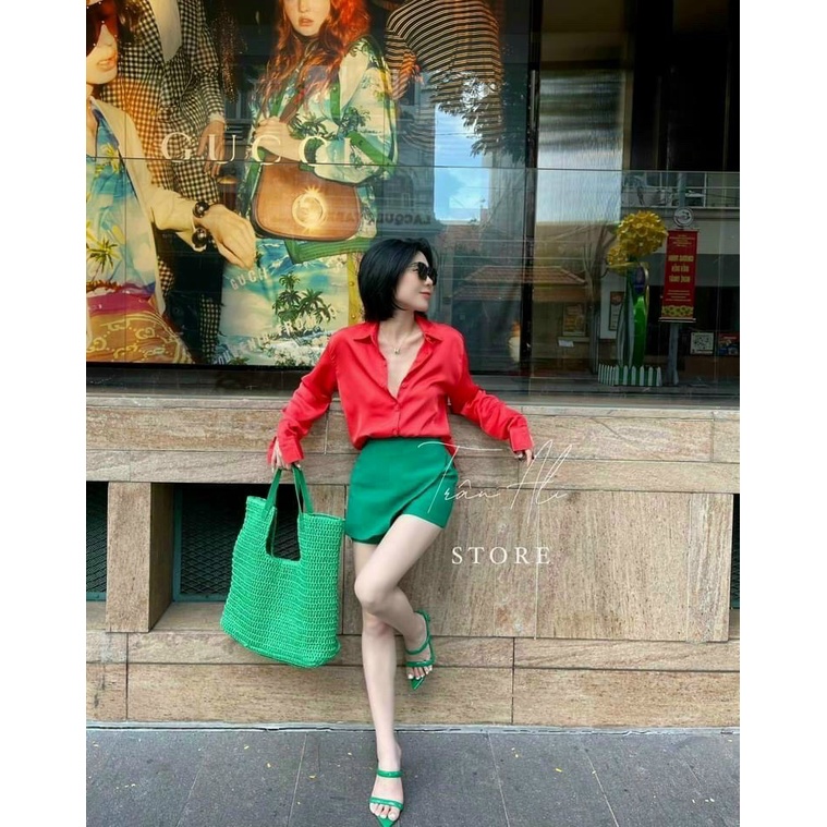 [8.8 Sales Freeship] Set bộ sơ mi công sở, set bộ màu nổi hot trend sơ mi tay dài, chân váy vạt lệch cá tính