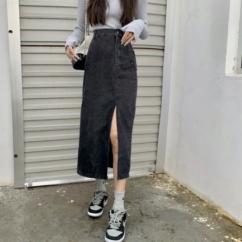 Chân váy jean một khuy trơn cv bò dáng dài xẻ tà cạp cao hách dáng mẫu mới nhất-Minxy shop