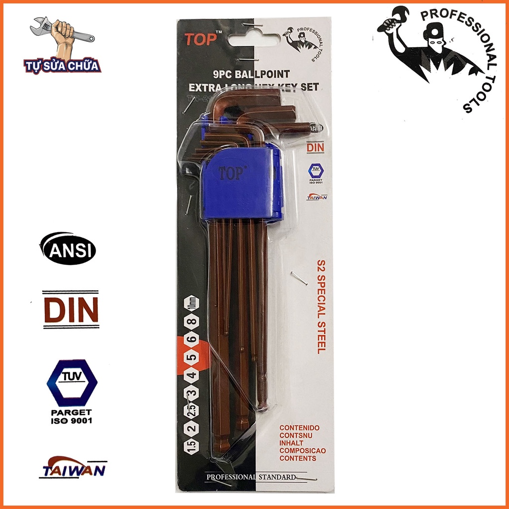 Bộ lục giác bi dài nâu 9 chi tiết chính hãng TOP TAIWAN hệ mét 1.5-10mm chất lượng, giá thành hợp lý