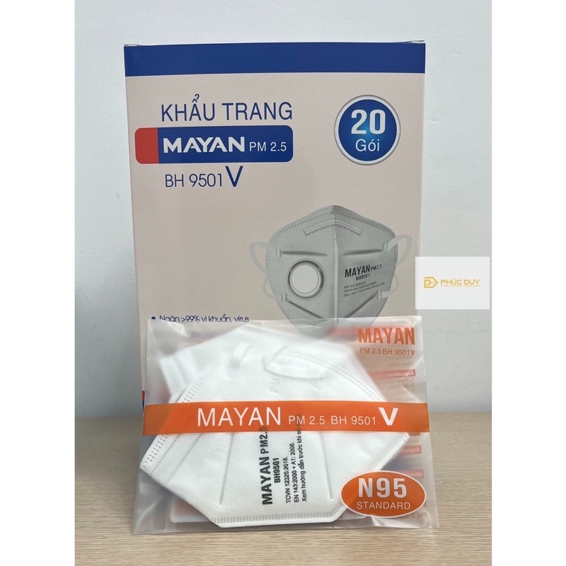 Hộp 40c Khẩu trang MAYAN BH9501V VAN chuẩn N95 ngăn vi k.h.u.ẩ.n 99%, lọc bụi mịn PM 2.5 95%