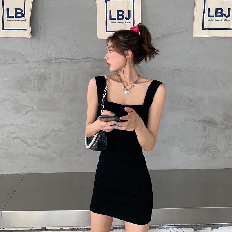 SUXI Đầm Mini Hai Dây Cổ Vuông Màu Đen Trơn Quyến Rũ Thời Trang Mùa Hè Cho Nữ