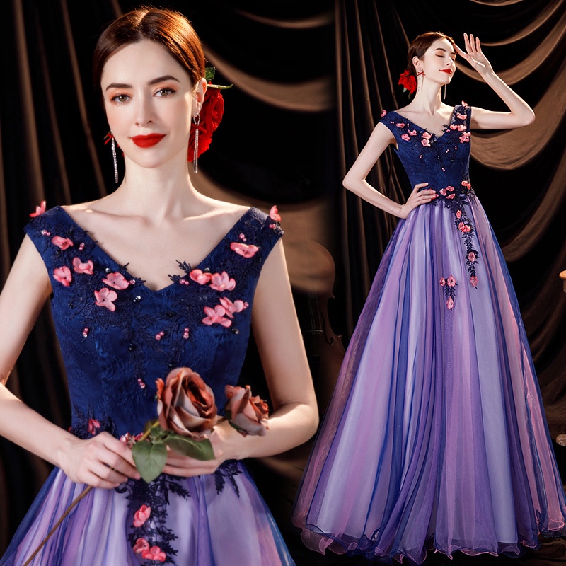 ✠✵Váy cưới thiên thần màu xanh cổ chữ V sâu tiệc họp thường niên sân khấu biểu diễn người dẫn chương trình đồng ca váy c
