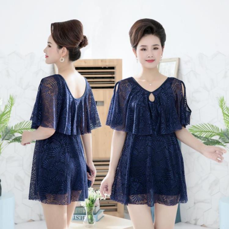 Đồ Bơi BigSize Nữ Dạng Váy Ren Có Tay Che Bụng Cho Người Béo Mập - Áo Tắm Trung Niên Cho Mẹ ⚡ \