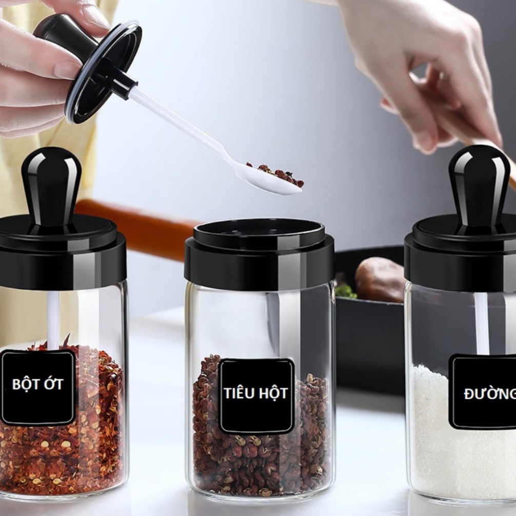 Hũ / Lọ thủy tinh đựng gia vị chống ẩm kèm muỗng đa năng tiện ích đồ dùng nhà bếp