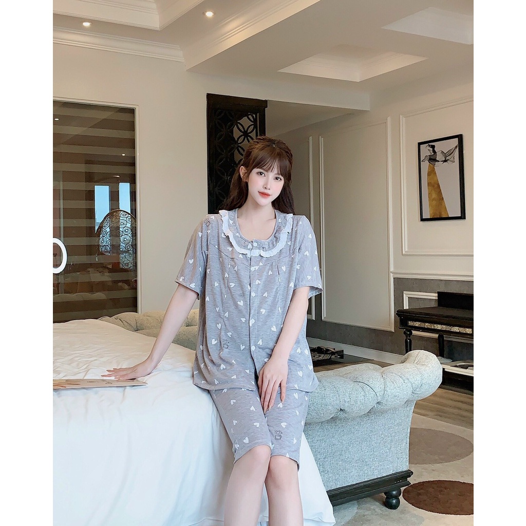 Bộ đồ bầu ngắn tay cổ sen thời trang thiết kế mặc ở nhà kết hợp sau sinh vải cotton mềm mát Mom and Baby M527