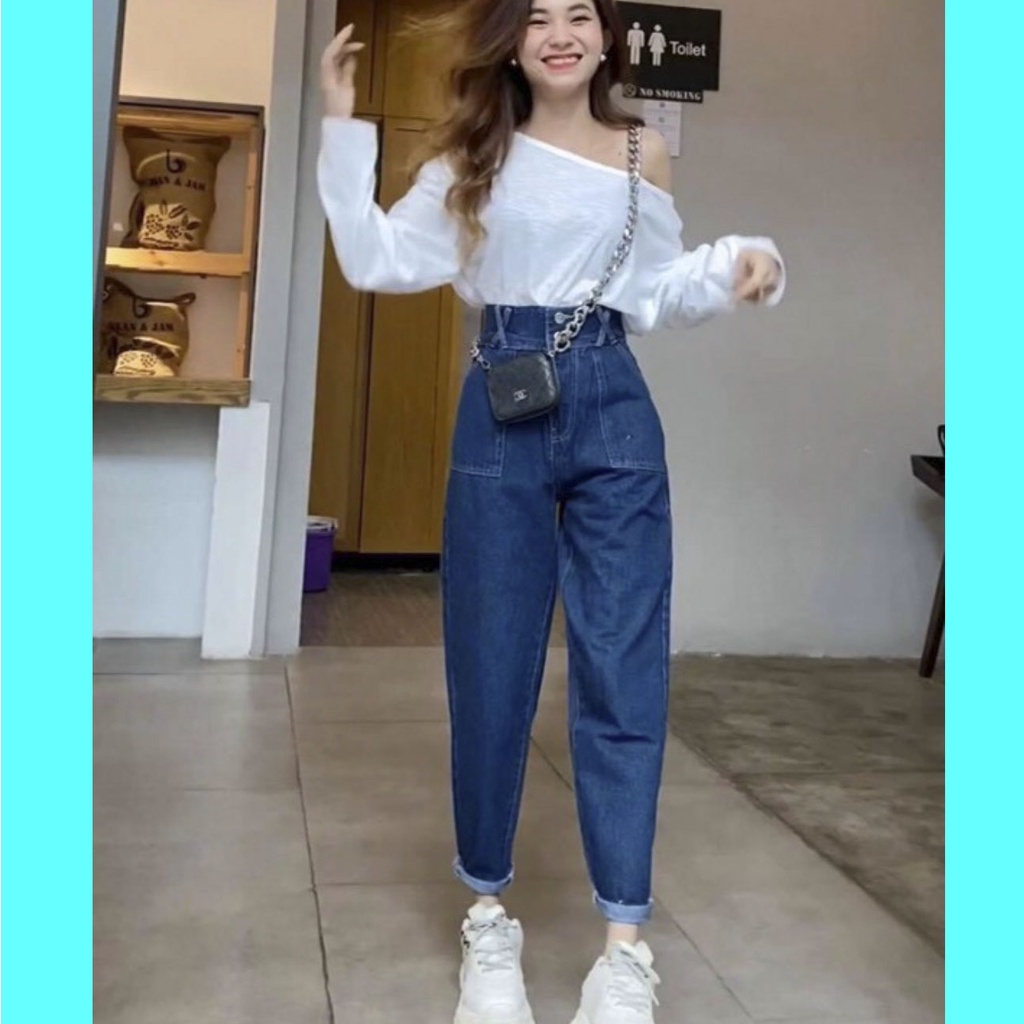 Quần baggy jeans nữ cạp cao 3 size S M L hót trean thuydieushop