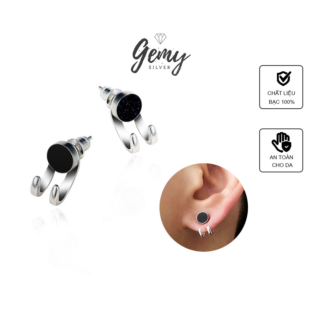 Khuyên tai nam bạc 925 mặt đá đen móc cong cá tính, unisex Shadow Hunter  (1 chiếc) | GEMY SILVER KN38