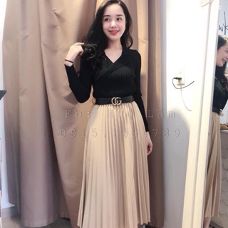 Compo set cvay kèm đai GC + Áo len cổ V 🎀🎀Sét xinh so hót ăn điểm ce là đây nha cả sét áo váy rời mix thêm đai váy okk