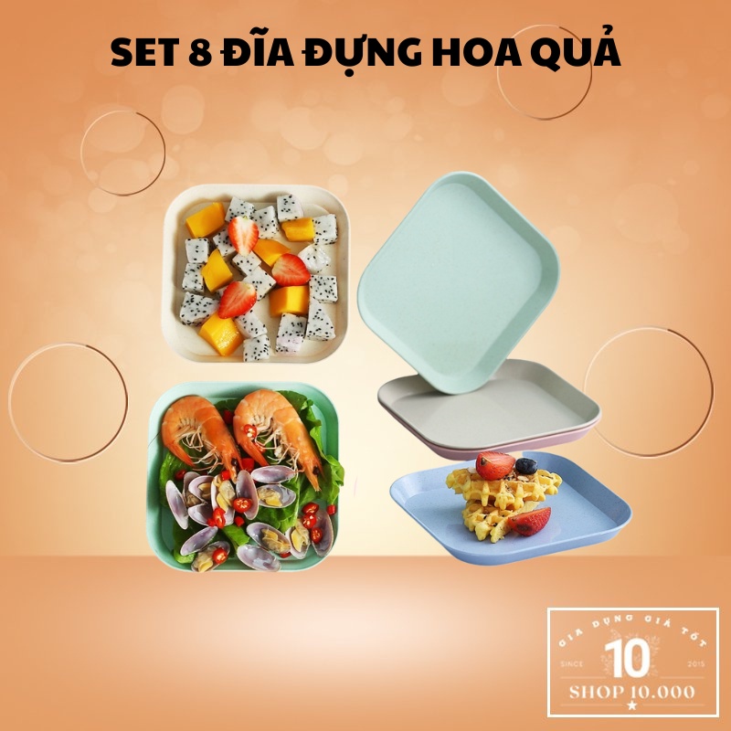 Đĩa đựng hoa quả, đồ ăn, set 8 bát đĩa nhà hàng hàn quốc chất liệu nhựa lúa mạch dáng vuông size 14.5cm (DLM04)