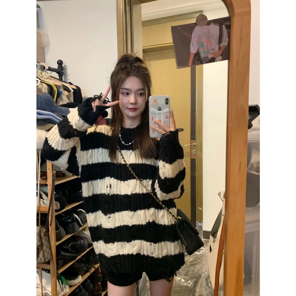ZHELIHANGFEI Áo Len Tay Dài Form Rộng Họa Tiết Sọc Theo Phong Cách Preppy