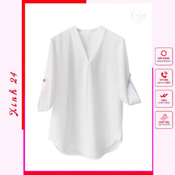 Áo sơ mi nữ tay lỡ cổ V chất vải nhập mềm mịn chuẩn form trẻ trung