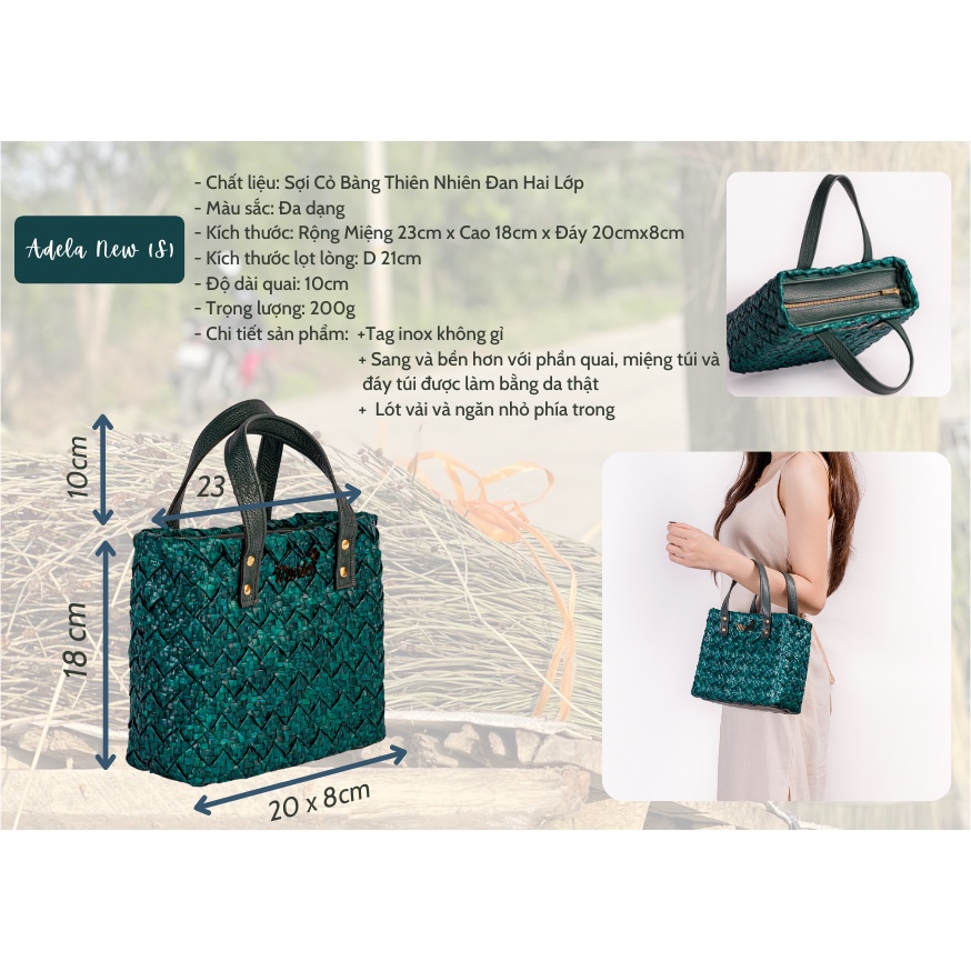 Túi xách nữ cỏ bàng adela handmade cao cấp được đan hai lớp, phối quai da thật và lót vải lụa mềm