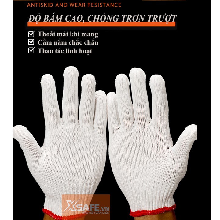 [10 đôi] Găng tay bảo hộ lao động sợi poly 50g ôm sát, chống trượt, chống giãn, thao tác linh hoạt (Màu trắng-loại dày)