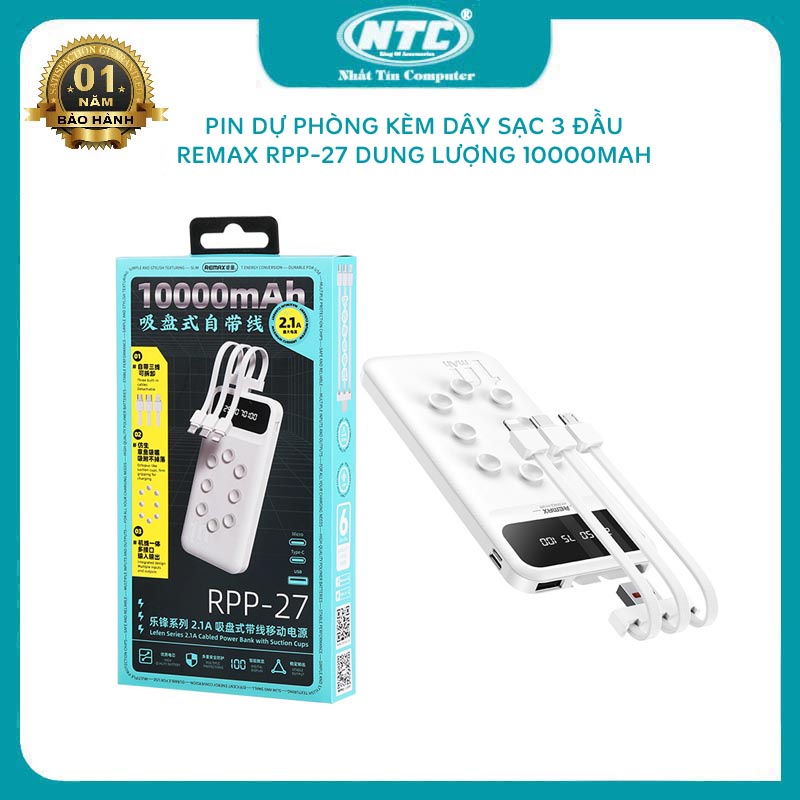 Pin dự phòng Remax 10000mAh RPP-27 Lefen Series  kèm cáp 3 đầu - tích hợp cao su hít giữ (trắng) Nhất Tín Computer