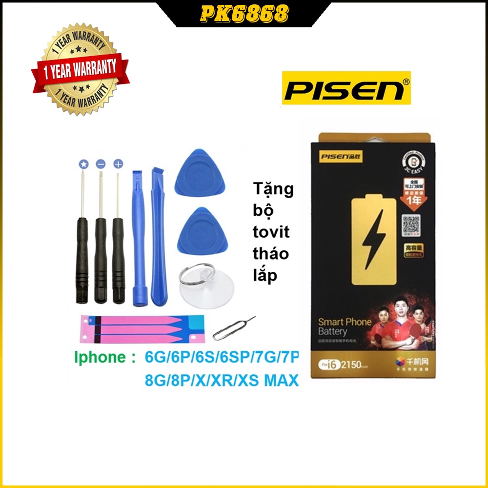 Pin pisen ĐT táo 6g/6s/6p/6s plus/7/7 plus/8/8pl/x/xs/xr/xsmax + bộ vít tháo lắp