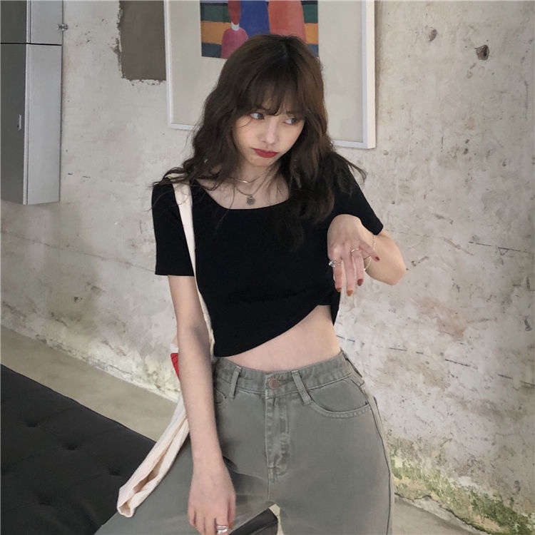 Áo Thun Lửng Ngắn Tay Dáng Ôm Thời Trang Hàn Quốc Gợi Cảm Cho Nữ