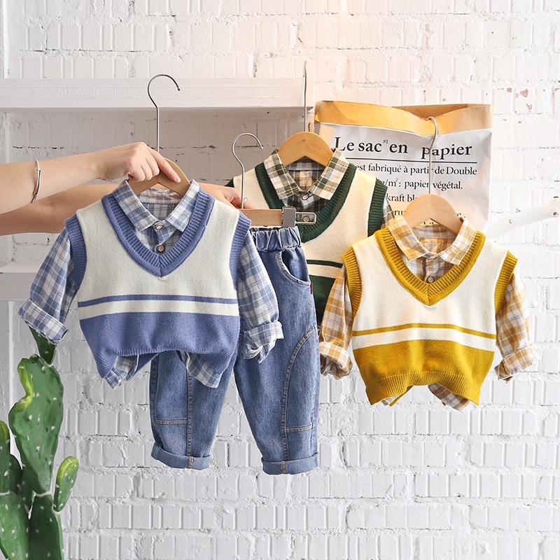 (Hàng ord 10-14days)Bộ đồ gile bé trai 3 món phù hợp vào mùa xuân và mùa thu phong cách Nhật Bản và Hàn Quốc