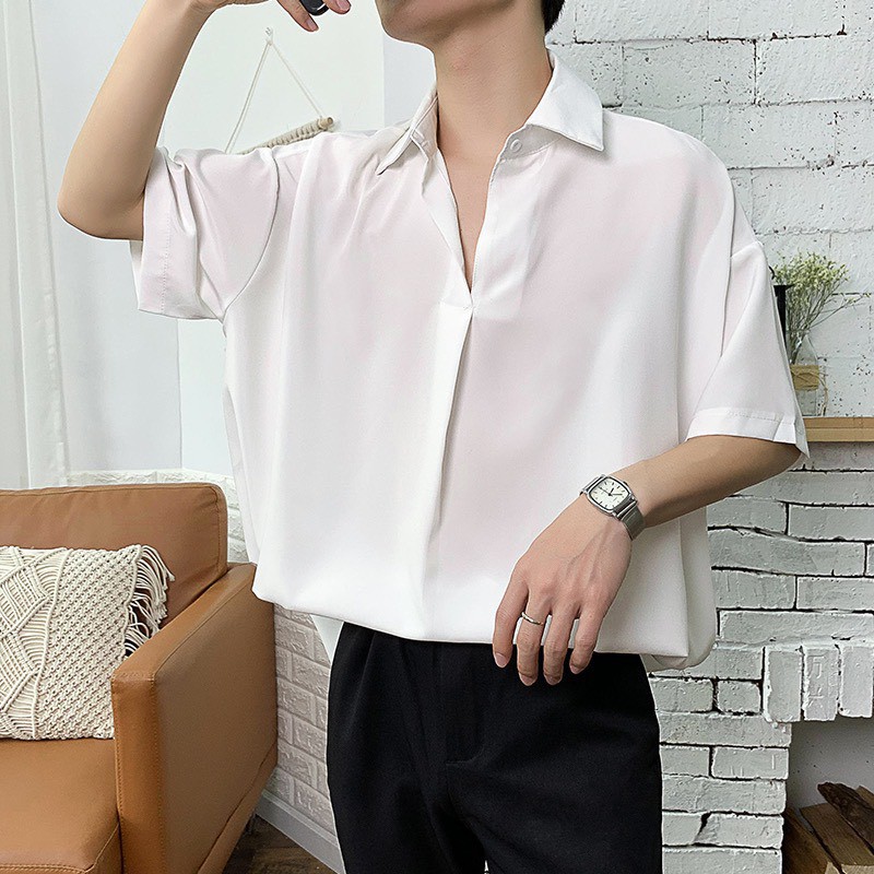 Áo Sơ Mi kiểu style Hàn Quốc CỔ CHUI unisex nam nữ form rộng BASIC hai màu trắng đen