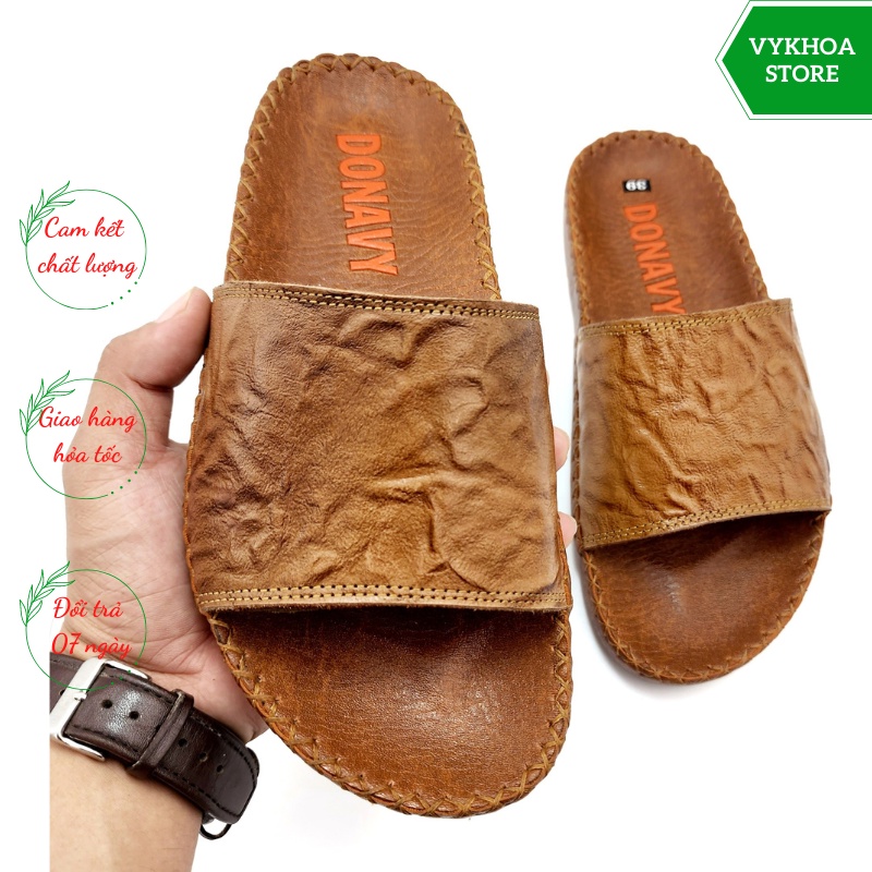 Dép Quai Ngang Nam Da Bò 100% Chữ H Đế May Chữ X Chắc Chắn