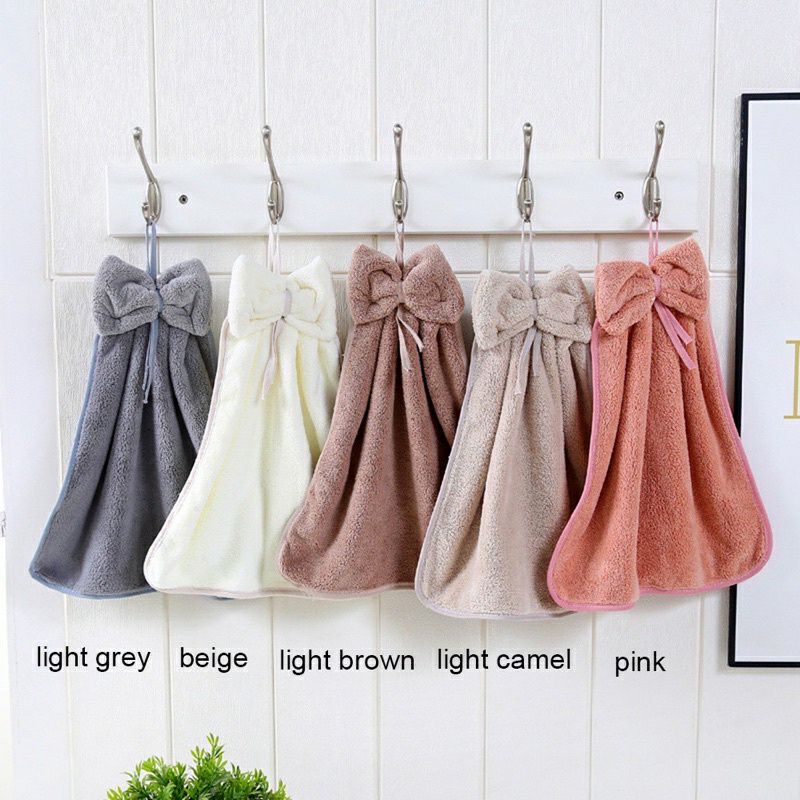 [HÀNG HOT] Khăn Lau Tay Treo Tường Bằng Vải Nhung San Hô,tặng kèm móc treo, Thấm Hút Nhanh Khô Hình Nơ Dễ Thương