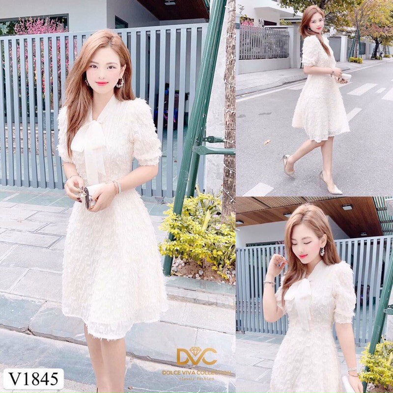 V1845 - Váy thiết kế dáng xòe màu kem, tay lỡ, đầm thiết kế DVC