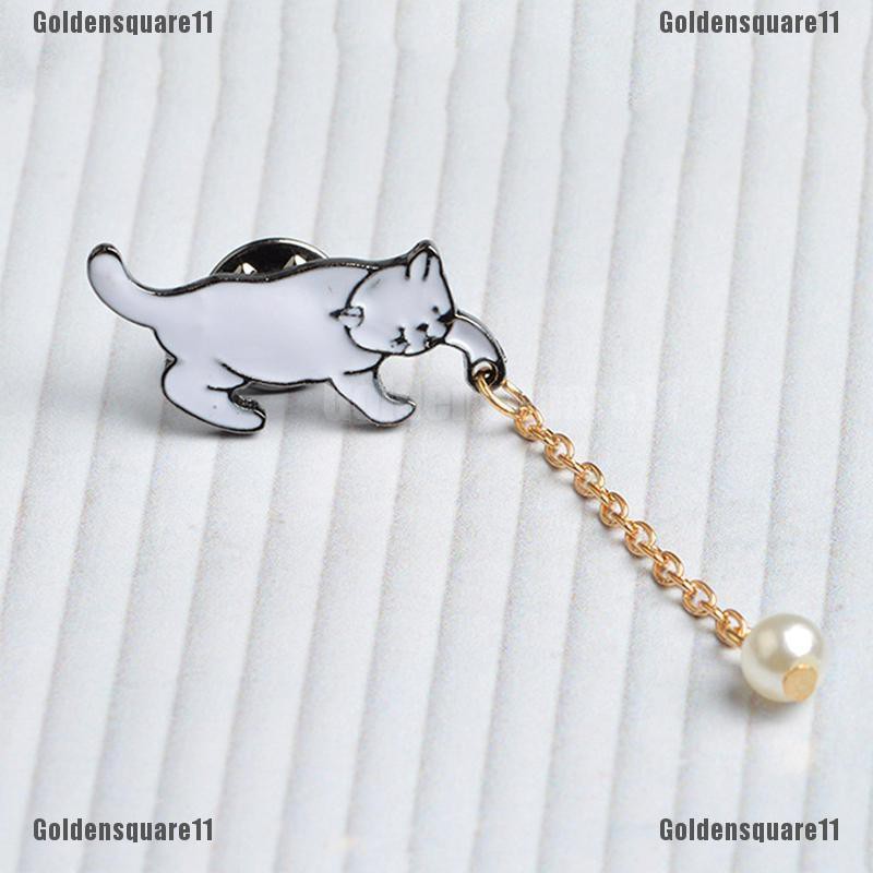 Ghim Cài Áo Hình Mèo Tráng Men Đính Ngọc Trai Dễ Thương