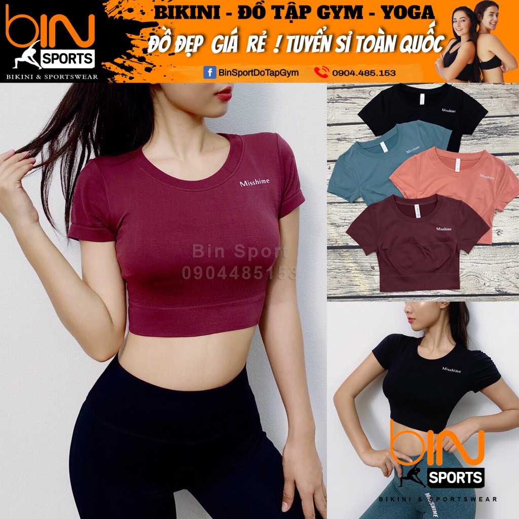 Áo Croptop Nữ Tập Gym Yoga Aerobic Thể Thao Misshine Chất Liệu Dệt Kim Kiểu Cọc Tay Bin Sports A067