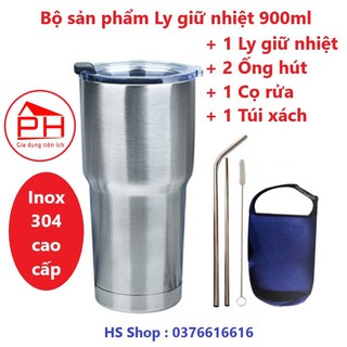 Ly giữ nhiệt Thái Lan 900ml (Kèm 2 Ống hút + 1 Cọ rửa + 1 Túi xách) Bình cốc cách nhiệt inox 304 cao cấp