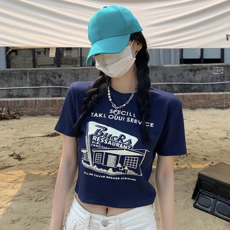 Áo Thun Ngắn Tay Lưng Cao Phong Cách Retro Mỹ Thời Trang Mùa Hè 2022 Mới Cho Nữ