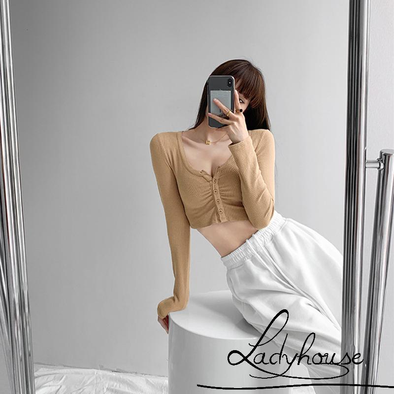 Áo Croptop Dệt Kim Tay Dài Cổ Chữ V Màu Sắc Đơn Giản Cho Nữ