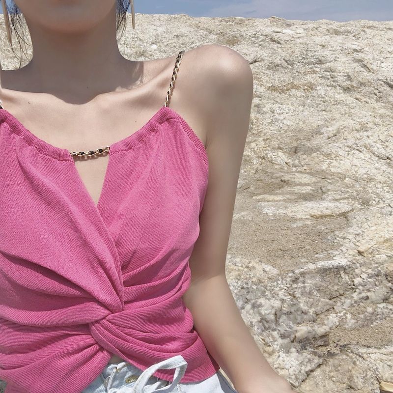 Áo croptop không tay màu trơn xinh xắn cho nữ,  Áo dây họa tiết xếp ly phối dây xích quyến rũ - O2D13