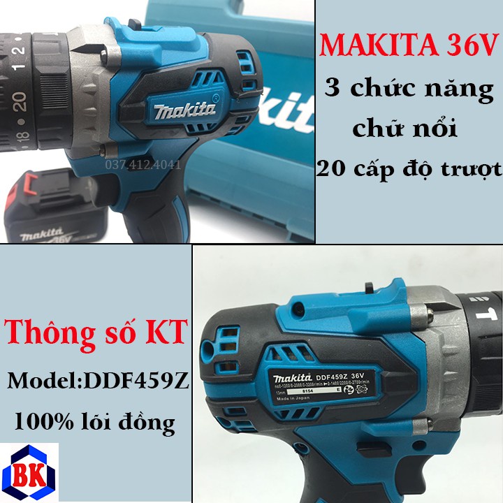 Máy khoan pin 36V Makita 3 chức năng có búa - Tặng kèm 24 chi tiết gồm các mũi khoan + Mũi bắt vít