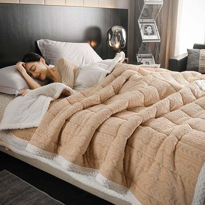 Bộ Chăn Ga Và Vỏ Gối Lông Cừu Dày Ba Lớp Giữ Ấm Chất Lượng Cao
