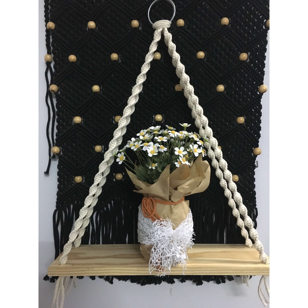 Kệ gỗ treo tường macrame ngang 50cm x 24cm dây thừng trắng làm giá sách, kệ trang trí | Macrame wooden shelf