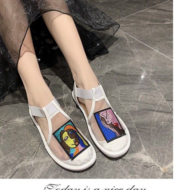 [ORDER] Giày sandal nữ T09 bánh mì in hình cô gái quai lưới dán cá tính Ảnh thật