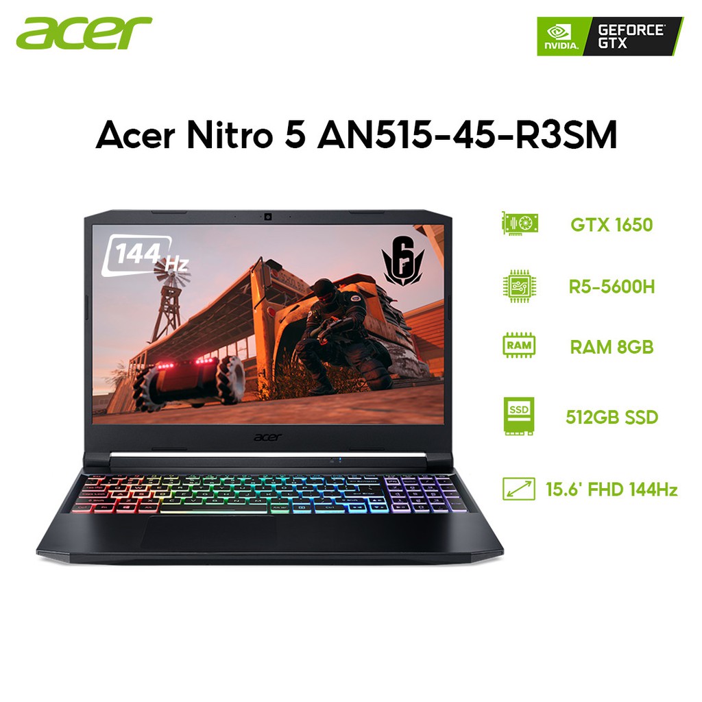 [MÃ ACER300K GIẢM 300K] Laptop Acer Nitro 5 AN515-45-R3SM R5-5600H 8GB 512GB GTX 1650 15.6' W10
