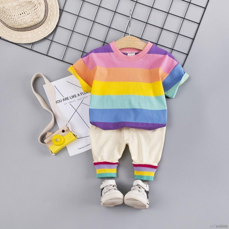 Bộ Áo Thun Ngắn Tay Màu Cầu Vồng + Quần Short Cho Bé Gái