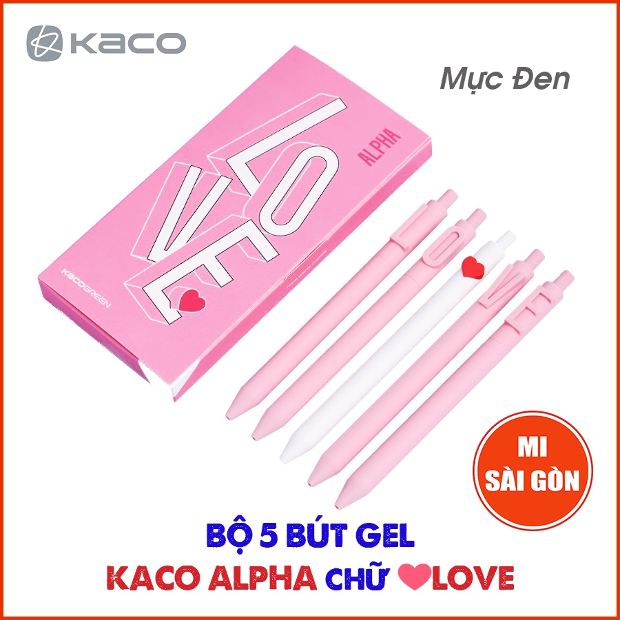 Bộ 5 Bút Gel Mực Đen KACO ALPHA Chữ ❤LOVE - Ngòi 0.5mm