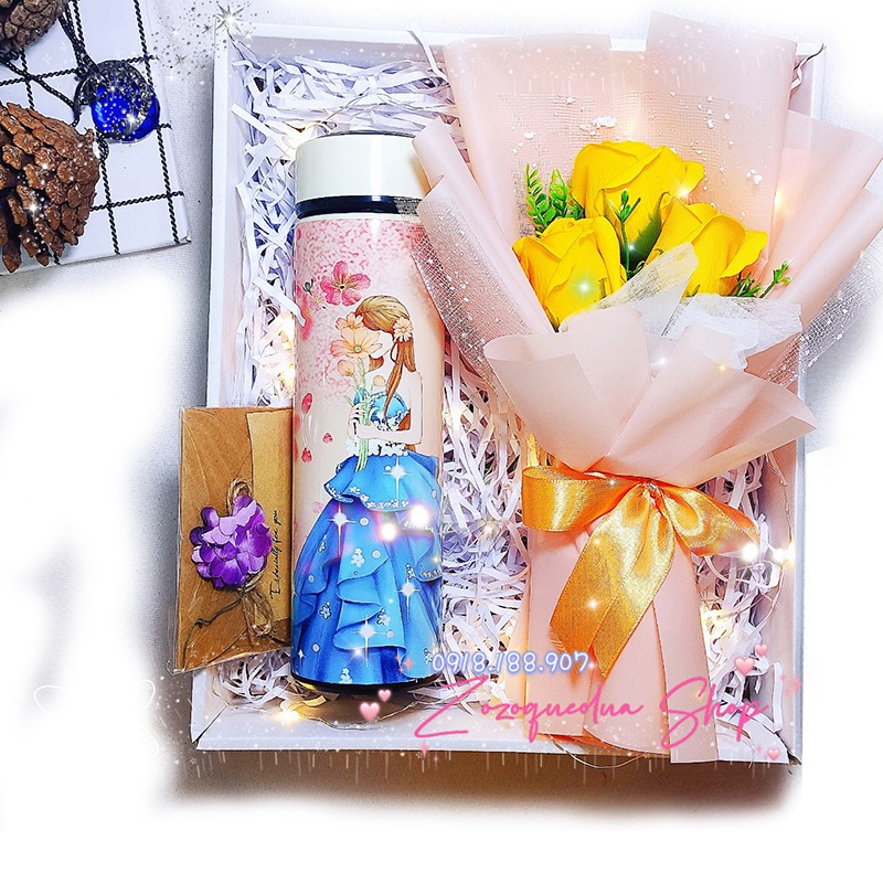 Hộp quà tặng ý nghĩa LIFE dành cho sinh nhật, lễ hội, 14/2, 8/3, 20/10, 20/11, gồm: Bình giữ nhiệt, hoa, thiệp, đèn nháy