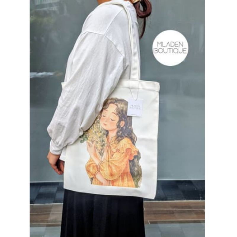 Túi Tote Vải Canvas Thiết Kế, Fullbox, Girl Ôm Hoa, Vải Dày, Có Khóa kéo, Ngăn Nhỏ Bên Trong  Miladen Boutique.