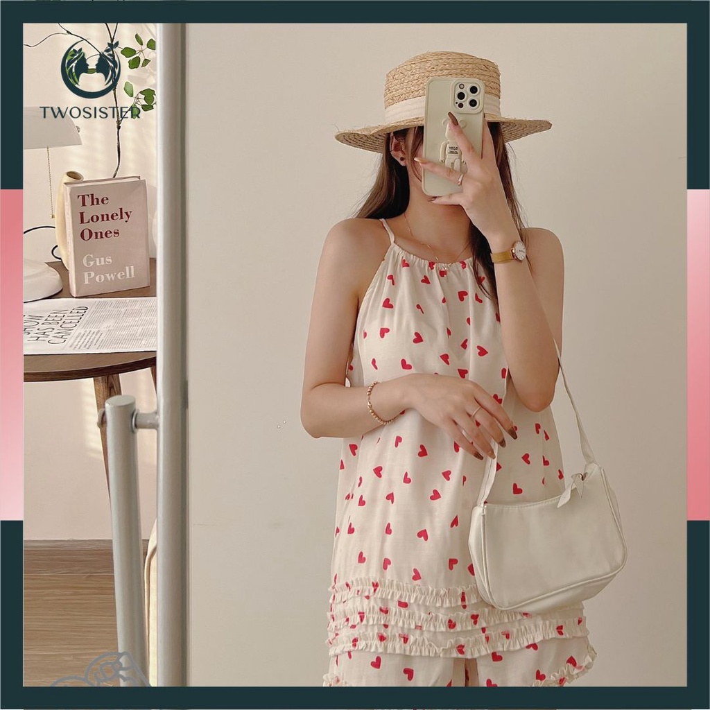 Quần áo ngủ nữ tiểu thư vải thun cao cấp - Set quần áo nữ trái tim - TwoSister