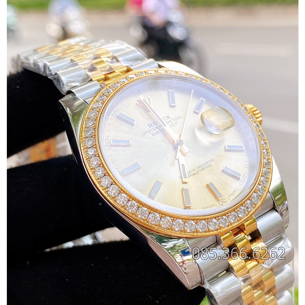 Đồng hồ nam Rolex cơ Automatic máy nhật mẫu Classic mặt vàng viền dá dây demi size 40-41mm