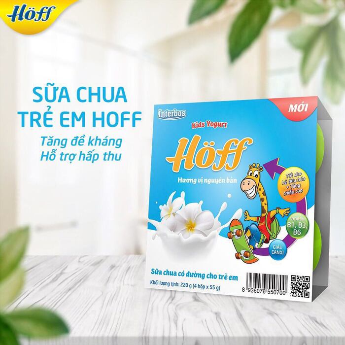 Sữa chua Hoff vị nguyên bản Date mới nhất Sữa chua dinh dưỡng cao cấp trẻ em vị nguyên bản có đường vỉ 4 hộpx55