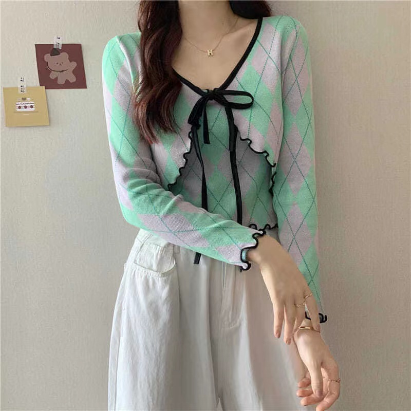 IVE Jang Won Young  Set Áo Hai Dây + Áo Khoác Cardigan Họa Tiết Sọc Caro Thời Trang Dành Cho Nữ